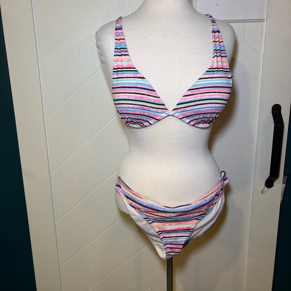 LIV Love Swim‎ Multi Color Rainbow Striped Triangle Bikini Set Two Piece Size M